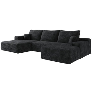HomeRoots 135" Black Corduroy Modular Sofa Set with Ottoman, Pillows - Stylish Comfort for Modern Living Spaces 712945