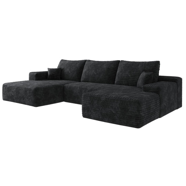 HomeRoots 135" Black Corduroy Modular Sofa Set with Ottoman, Pillows - Stylish Comfort for Modern Living Spaces 712945