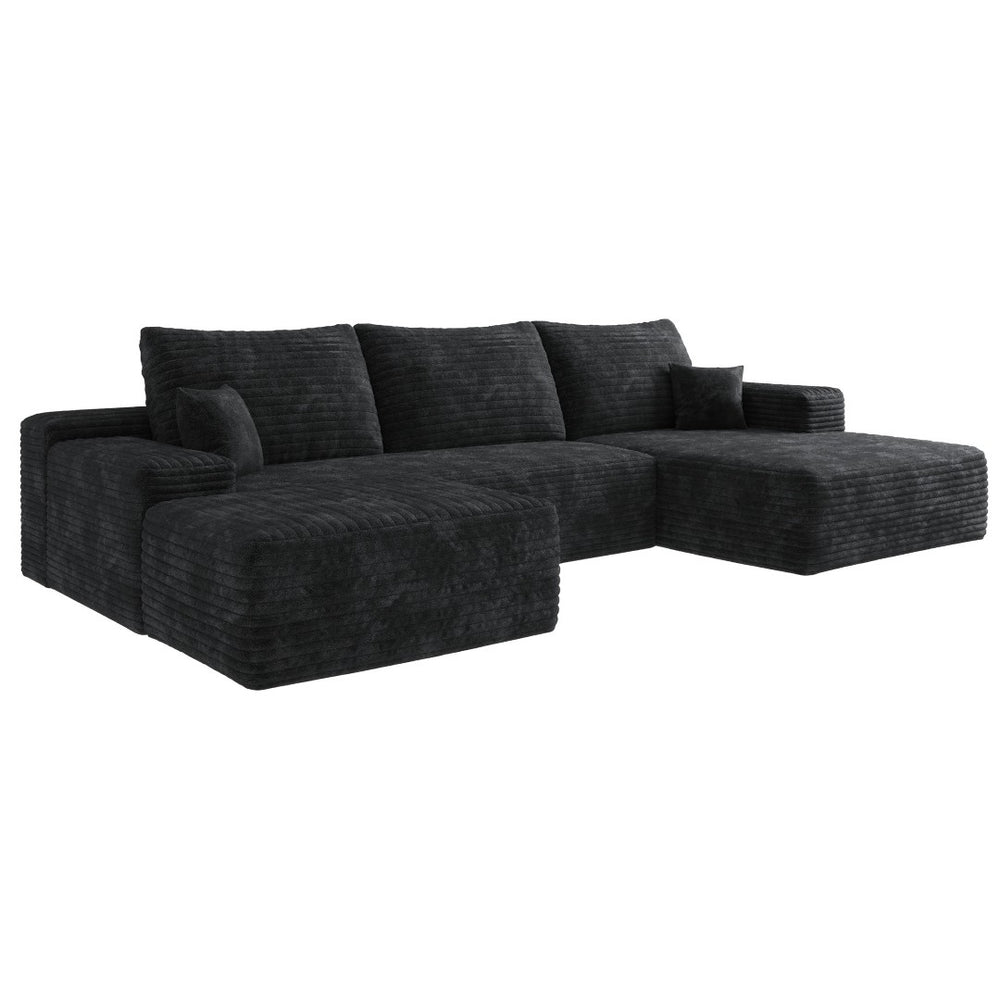 HomeRoots 135" Black Corduroy Modular Sofa Set with Ottoman, Pillows - Stylish Comfort for Modern Living Spaces 712945