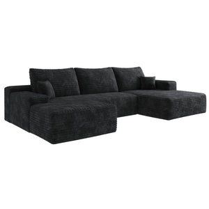 HomeRoots 135" Black Corduroy Modular Sofa Set with Ottoman, Pillows - Stylish Comfort for Modern Living Spaces 712945