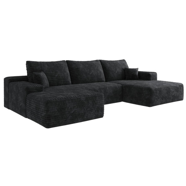 HomeRoots 135" Black Corduroy Modular Sofa Set with Ottoman, Pillows - Stylish Comfort for Modern Living Spaces 712945
