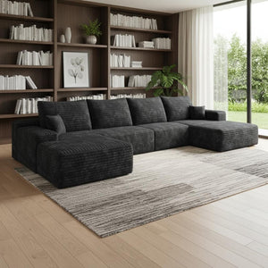 HomeRoots 135" Gray Corduroy Modular Sofa Set with Ottoman & Pillows - Stylish Comfort for Large Spaces! 712946