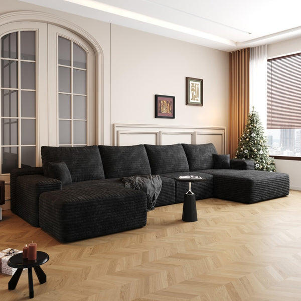 HomeRoots 135" Gray Corduroy Modular Sofa Set with Ottoman & Pillows - Stylish Comfort for Large Spaces! 712946