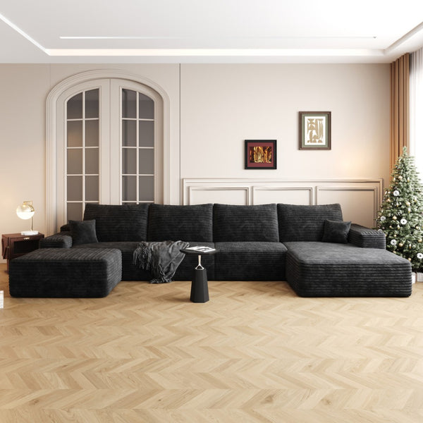 HomeRoots 135" Gray Corduroy Modular Sofa Set with Ottoman & Pillows - Stylish Comfort for Large Spaces! 712946
