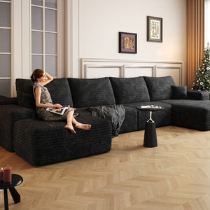 HomeRoots 135" Gray Corduroy Modular Sofa Set with Ottoman & Pillows - Stylish Comfort for Large Spaces! 712946