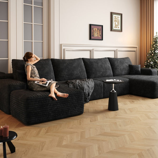 HomeRoots 135" Gray Corduroy Modular Sofa Set with Ottoman & Pillows - Stylish Comfort for Large Spaces! 712946