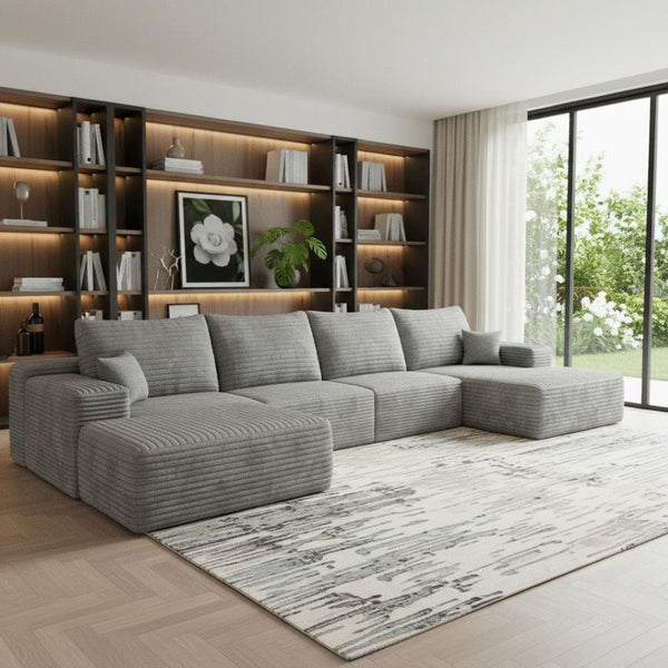 HomeRoots 135" Gray Corduroy Modular Sofa Set with Ottoman & Toss Pillows - Stylish Comfort for Any Space! 712947
