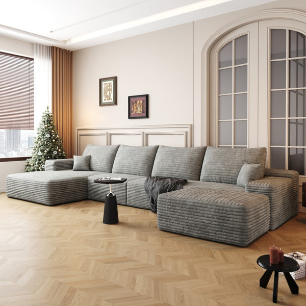 HomeRoots 135" Gray Corduroy Modular Sofa Set with Ottoman & Toss Pillows - Stylish Comfort for Any Space! 712947