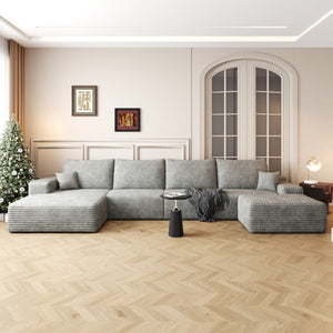 HomeRoots 135" Gray Corduroy Modular Sofa Set with Ottoman & Toss Pillows - Stylish Comfort for Any Space! 712947