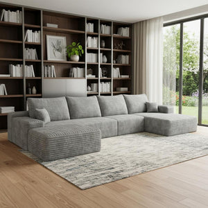 HomeRoots 135" Camel Corduroy Modular Sofa Set with Ottoman & Pillows - Cozy, Versatile Comfort for Your Home 712948