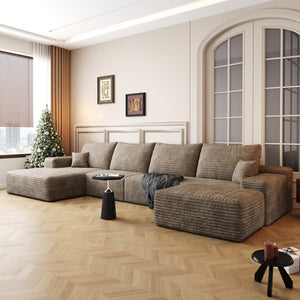 HomeRoots 135" Camel Corduroy Modular Sofa Set with Ottoman & Toss Pillows - Cozy, Stylish Comfort for Your Space 712949
