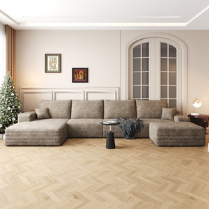 HomeRoots 135" Camel Corduroy Modular Sofa Set with Ottoman & Toss Pillows - Cozy, Stylish Comfort for Your Space 712949