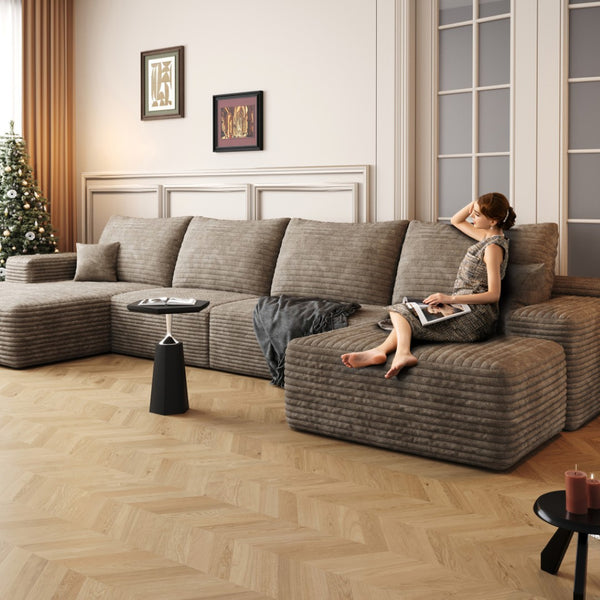 HomeRoots 135" Camel Corduroy Modular Sofa Set with Ottoman & Toss Pillows - Cozy, Stylish Comfort for Your Space 712949