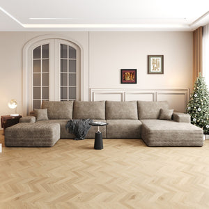 HomeRoots 135" Green Corduroy Modular Sofa Set with Ottoman & Pillows – Customizable Comfort for Any Space 712950