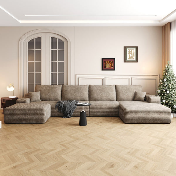 HomeRoots 135" Green Corduroy Modular Sofa Set with Ottoman & Pillows – Customizable Comfort for Any Space 712950