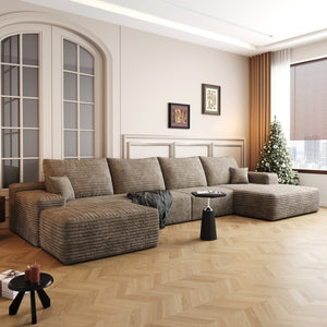 HomeRoots 135" Green Corduroy Modular Sofa Set with Ottoman & Pillows – Customizable Comfort for Any Space 712950