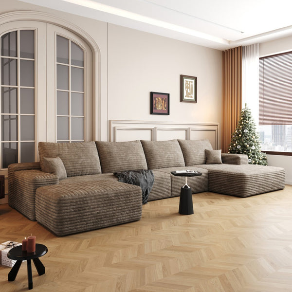 HomeRoots 135" Green Corduroy Modular Sofa Set with Ottoman & Pillows – Customizable Comfort for Any Space 712950