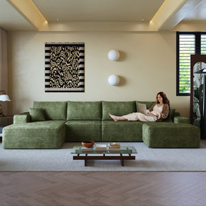 HomeRoots 135" Green Corduroy Modular Sofa with Ottoman & Toss Pillows – Versatile Comfort for Any Space! 712951