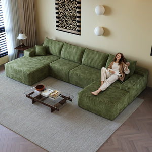 HomeRoots 135" Green Corduroy Modular Sofa with Ottoman & Toss Pillows – Versatile Comfort for Any Space! 712951