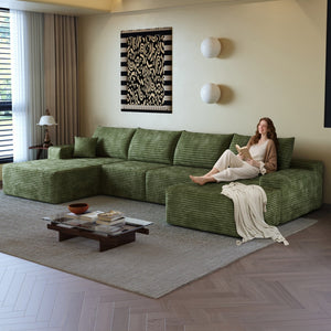 HomeRoots 135" Green Corduroy Modular Sofa with Ottoman & Toss Pillows – Versatile Comfort for Any Space! 712951