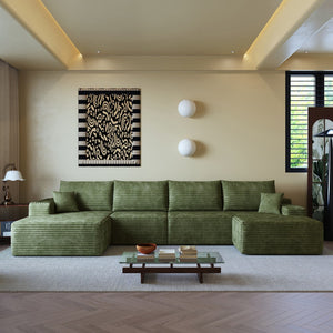 HomeRoots 135" Green Corduroy Modular Sofa with Ottoman & Toss Pillows – Versatile Comfort for Any Space! 712951