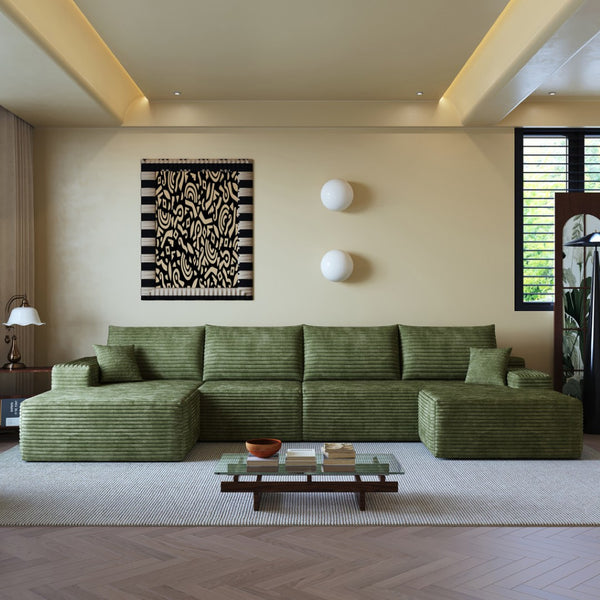 HomeRoots 135" Green Corduroy Modular Sofa with Ottoman & Toss Pillows – Versatile Comfort for Any Space! 712951