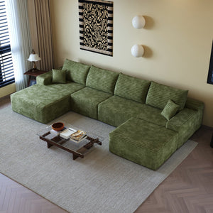 HomeRoots 135" Green Corduroy Modular Sofa with Ottoman & Toss Pillows – Versatile Comfort for Any Space! 712951