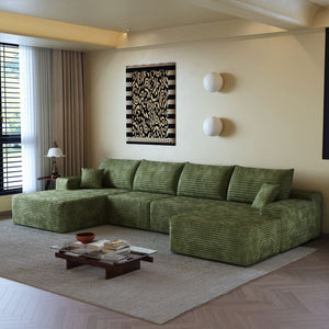 HomeRoots 135" Green Corduroy Modular Sofa with Ottoman & Toss Pillows – Versatile Comfort for Any Space! 712951