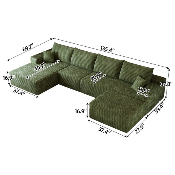HomeRoots 135" Green Corduroy Modular Sofa with Ottoman & Toss Pillows – Versatile Comfort for Any Space! 712951