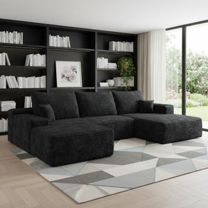 HomeRoots 107" Black Corduroy Modular Sofa with Ottoman & Pillows - Chic Comfort for Modern Living Spaces! 712953