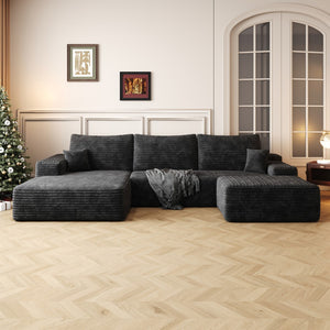HomeRoots 107" Black Corduroy Modular Sofa with Ottoman & Pillows - Chic Comfort for Modern Living Spaces! 712953
