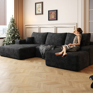 HomeRoots 107" Black Corduroy Modular Sofa with Ottoman & Pillows - Chic Comfort for Modern Living Spaces! 712953