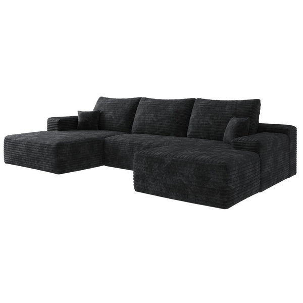HomeRoots 107" Black Corduroy Modular Sofa with Ottoman & Pillows - Chic Comfort for Modern Living Spaces! 712953