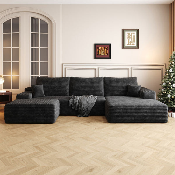 HomeRoots 107" Gray Corduroy Modular Sofa with Ottoman & Plush Pillows - Stylish, Versatile Comfort for Any Space 712954