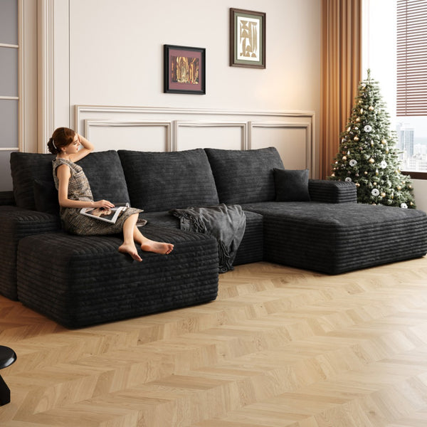 HomeRoots 107" Gray Corduroy Modular Sofa with Ottoman & Plush Pillows - Stylish, Versatile Comfort for Any Space 712954