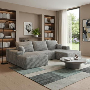 HomeRoots 107" Gray Corduroy Modular Sofa Set with Ottoman & Pillows - Luxurious Comfort & Versatile Design! 712955