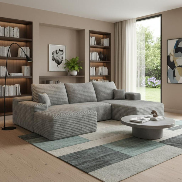 HomeRoots 107" Gray Corduroy Modular Sofa Set with Ottoman & Pillows - Luxurious Comfort & Versatile Design! 712955