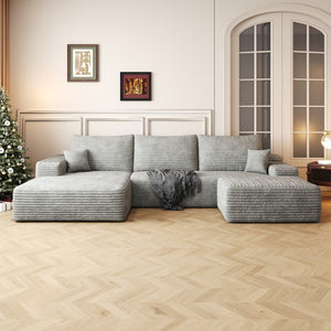 HomeRoots 107" Gray Corduroy Modular Sofa Set with Ottoman & Pillows - Luxurious Comfort & Versatile Design! 712955