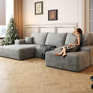 HomeRoots 107" Gray Corduroy Modular Sofa Set with Ottoman & Pillows - Luxurious Comfort & Versatile Design! 712955