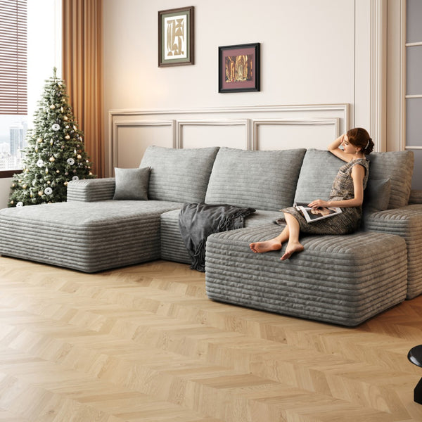 HomeRoots 107" Gray Corduroy Modular Sofa Set with Ottoman & Pillows - Luxurious Comfort & Versatile Design! 712955