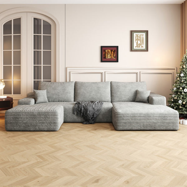 HomeRoots 107" Modular Camel Corduroy Sofa with Ottoman & Pillows – Cozy, Stylish, No Assembly Required! 712956