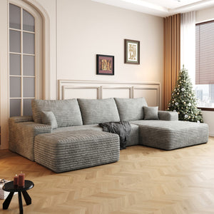 HomeRoots 107" Modular Camel Corduroy Sofa with Ottoman & Pillows – Cozy, Stylish, No Assembly Required! 712956