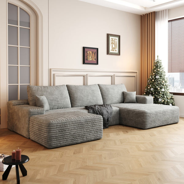 HomeRoots 107" Modular Camel Corduroy Sofa with Ottoman & Pillows – Cozy, Stylish, No Assembly Required! 712956