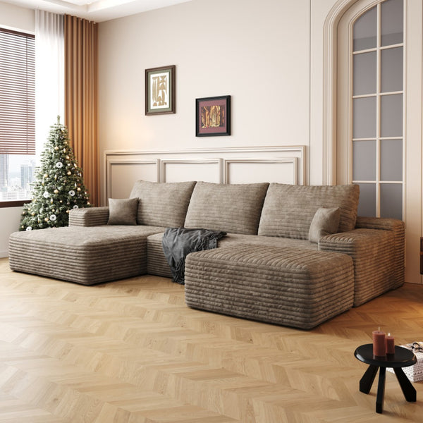 HomeRoots 107" Green Corduroy Modular Sofa with Ottoman & Toss Pillows - Stylish Comfort for Any Space! 712957