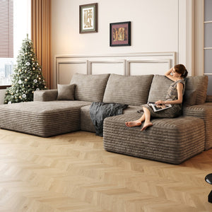 HomeRoots 107" Green Corduroy Modular Sofa with Ottoman & Toss Pillows - Stylish Comfort for Any Space! 712957
