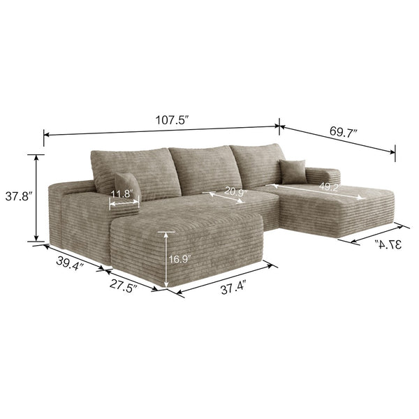 HomeRoots 107" Green Corduroy Modular Sofa with Ottoman & Toss Pillows - Stylish Comfort for Any Space! 712957