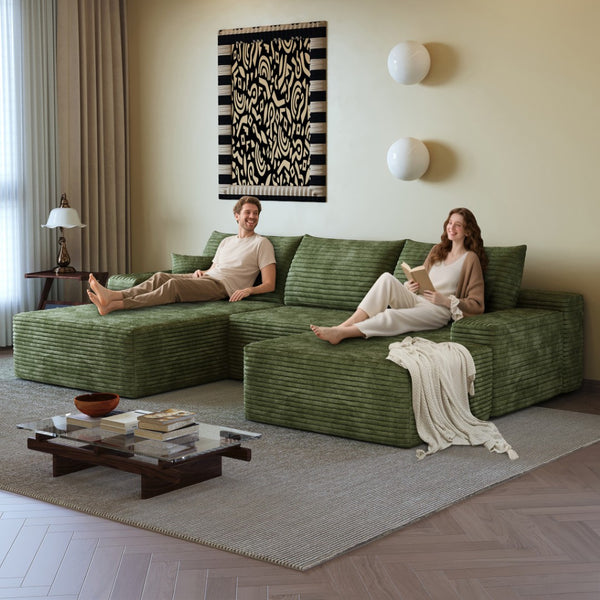 HomeRoots 107" Green Corduroy Modular Sofa Set with Ottoman & Pillows – Stylish, Comfortable, Versatile Living Solution 712958