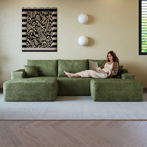 HomeRoots 107" Green Corduroy Modular Sofa Set with Ottoman & Pillows – Stylish, Comfortable, Versatile Living Solution 712958