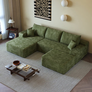 HomeRoots 107" Green Corduroy Modular Sofa Set with Ottoman & Pillows – Stylish, Comfortable, Versatile Living Solution 712958