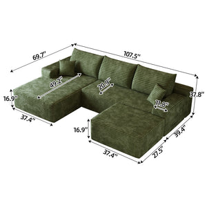 HomeRoots 107" Green Corduroy Modular Sofa Set with Ottoman & Pillows – Stylish, Comfortable, Versatile Living Solution 712958